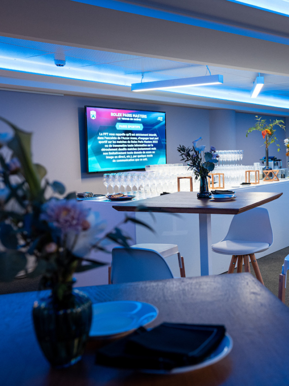 The bar and the screen of the Salon Paris during the Rolex Paris Masters