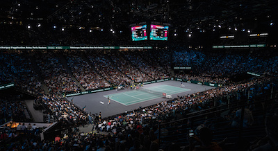 View of the stadium Accor Arena and the grounds of a Rolex Paris Masters evening session