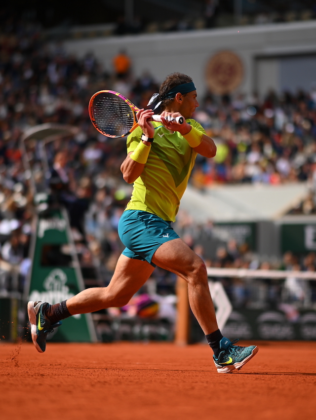Tennis player Rafael Nadal during a match at Roland-Garros in 2022