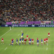 Two rugby teams competing during a Rugby World Cup match