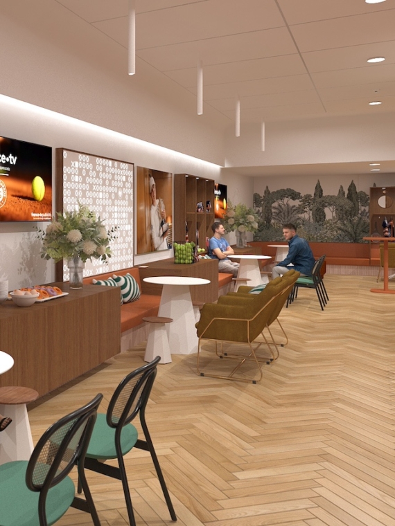 Inside the hospitality lounge of the Brasserie des Mousquetaires at Roland Garros
