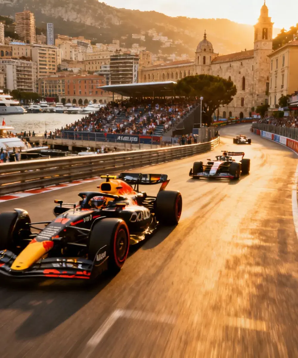Vue sur le circuit du Grand Prix de Monaco avec des yachts amarrés en arrière-plan, espace hospitalité VIP