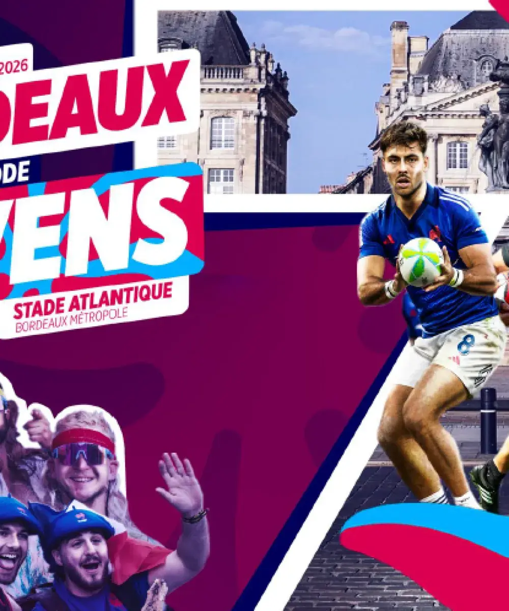 Affiche des finales mondiales de rugby à sept montrant des joueurs en plein match dans un stade, mettant en avant les offres VIP de Sodexo Live! Hospitality.