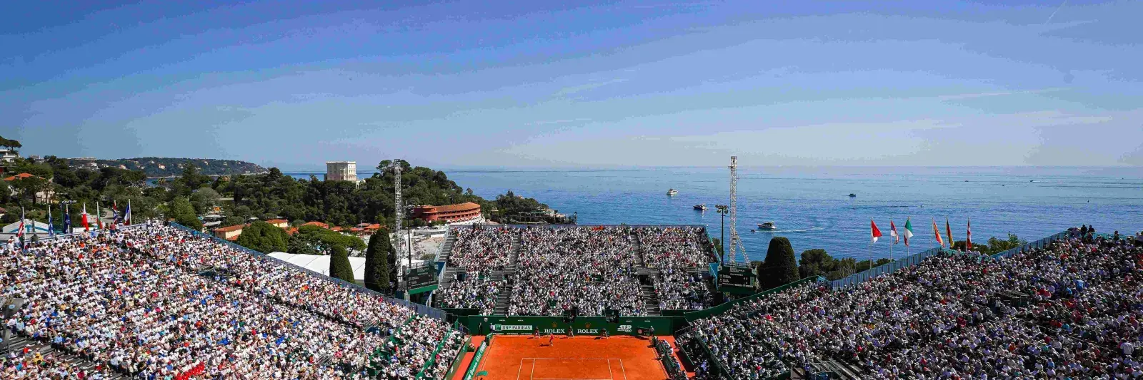 Sunny view of the center court in front of the see Monte carlo Rolex Masters