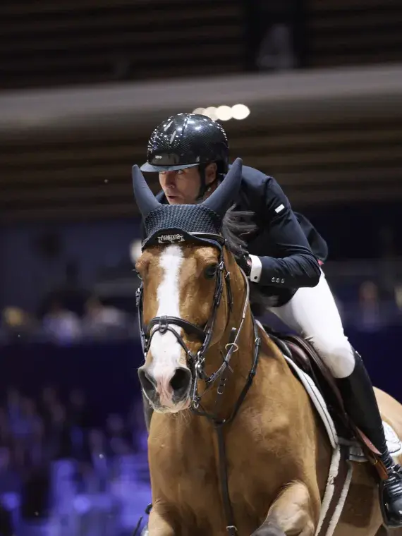 Cavalier en plein saut d’obstacle au Salon du Cheval de Paris, capturé depuis les places VIP pour une immersion au cœur de l’action.
