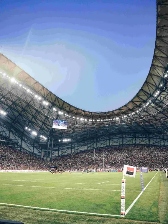 Panoramic view of the rugby pitch from the Méditerranée VIP lounge at Stade Vélodrome