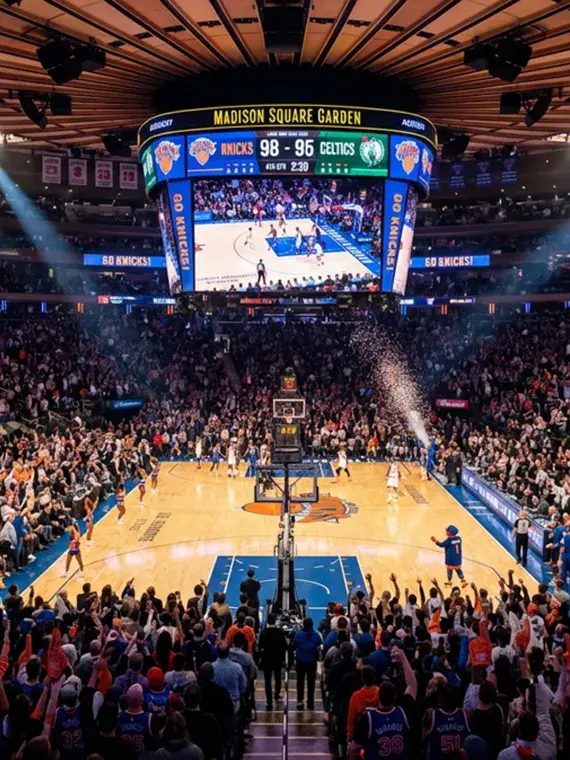 Intérieur du Madison Square Garden pendant une rencontre NBA, illustrant l’expérience exclusive des voyages Sodexo Live! Hospitality à New York.