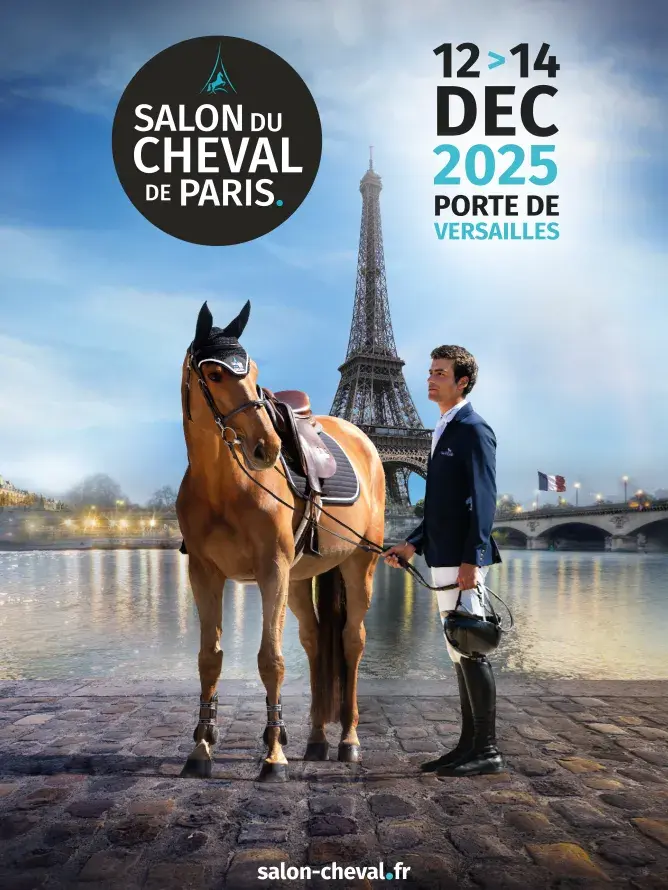 Affiche officielle du Salon du Cheval de Paris 2025 avec un cheval et un cavalier en tenue sportive devant la Tour Eiffel, illustrant l’élégance et le dynamisme de l’événement VIP.