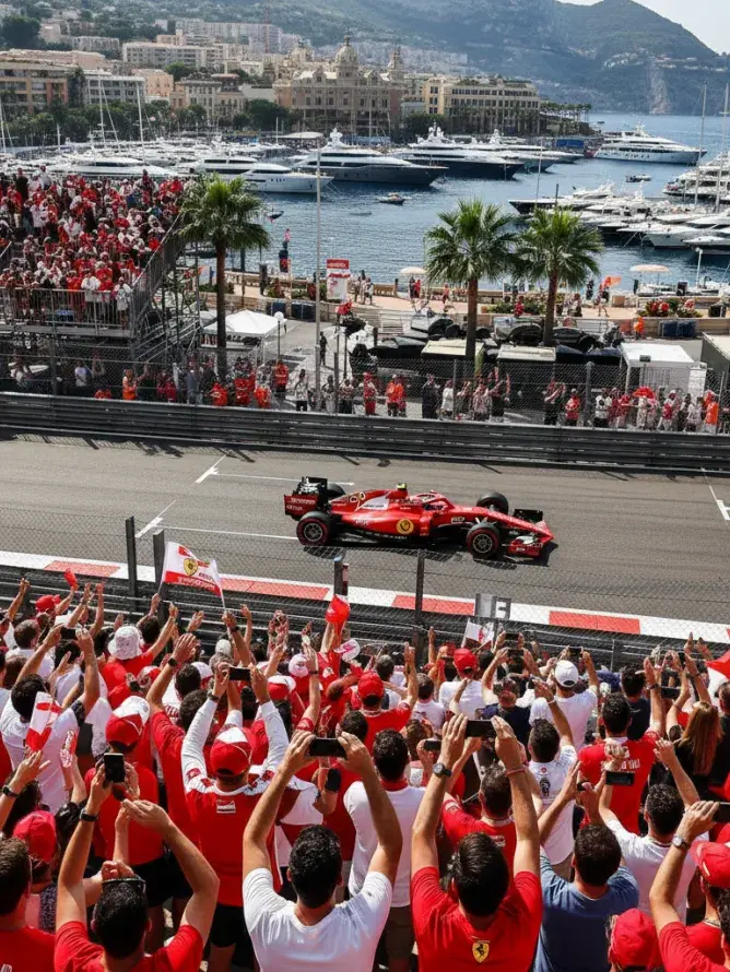 Vue VIP sur la grille de départ du Grand Prix de Monaco avec les voitures Ferrari prêtes pour la course