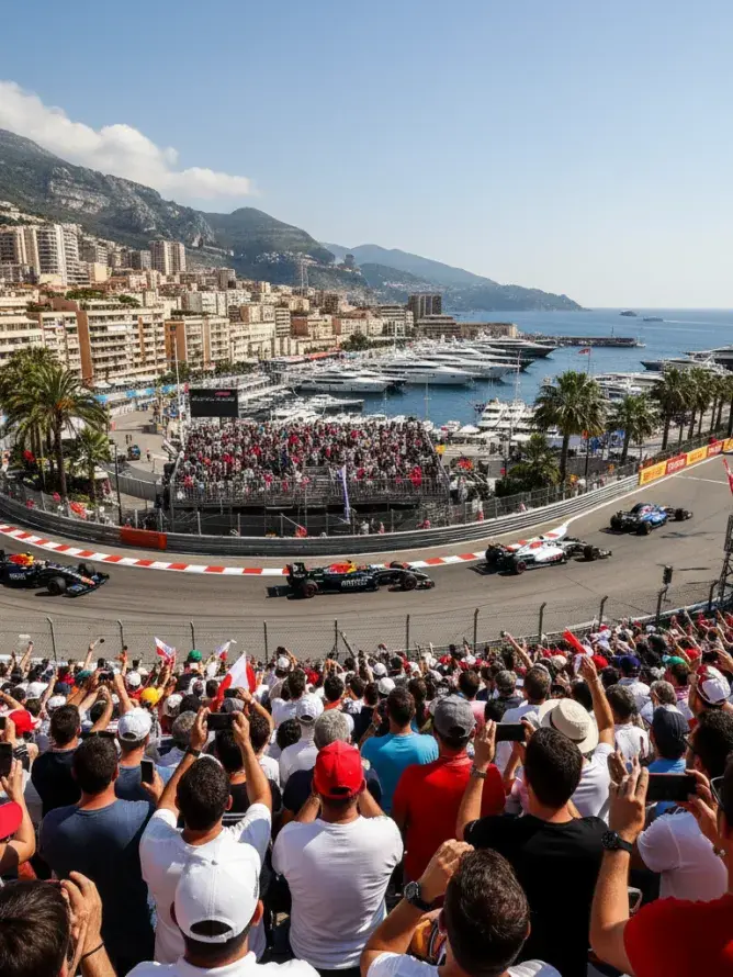 Vue VIP sur un virage emblématique du circuit du Grand Prix de Monaco avec les voitures de Formule 1 en action