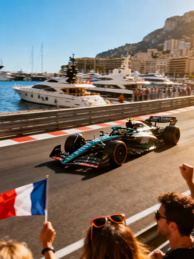 Espace hospitalité VIP en bord de la ligne droite du circuit du Grand Prix de Monaco, avec vue directe sur les voitures de Formule 1