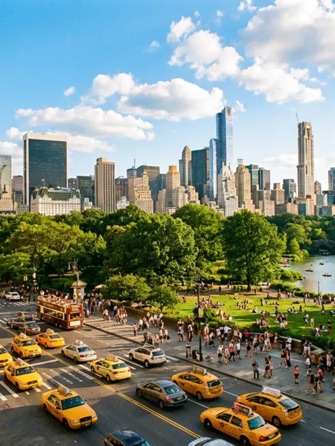 Vue aérienne des avenues de New York, mettant en avant l’énergie urbaine et l’ambiance iconique de la ville lors des voyages premium Sodexo Live! Hospitality.
