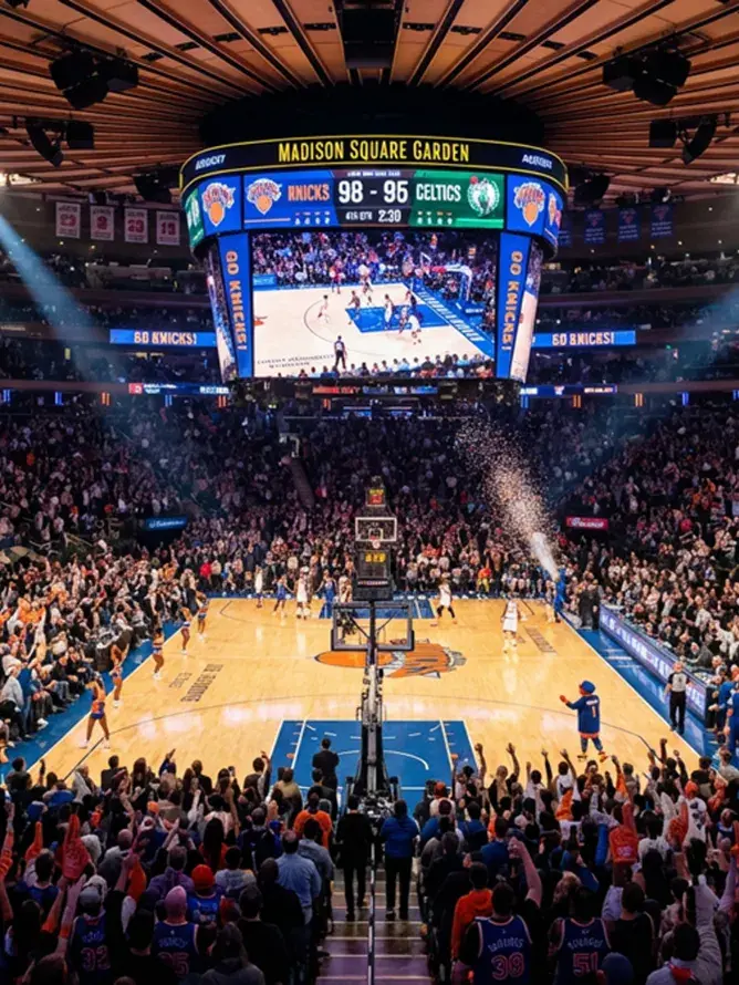 Ambiance d’un match NBA au cœur du Madison Square Garden, mettant en lumière les expériences immersives proposées par Sodexo Live! Hospitality.