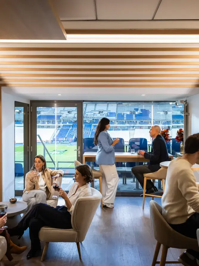 Expérience hospitalité VIP au Stade de France avec spectatrice profitant de la vue depuis sa loge
