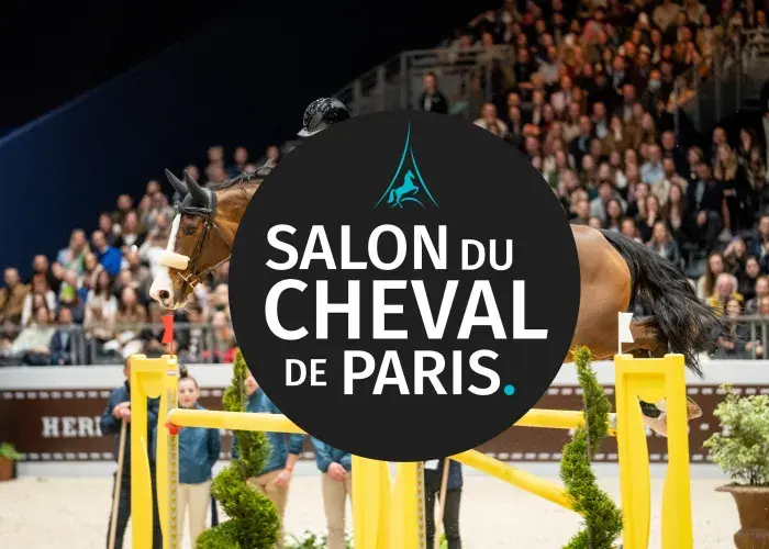 jumping_equittaion salon du cheval.png Cavalier en pleine performance de saut d’obstacle lors d’une épreuve de jumping au Salon du Cheval de Paris, vue depuis les places VIP pour une immersion au cœur de l’action.