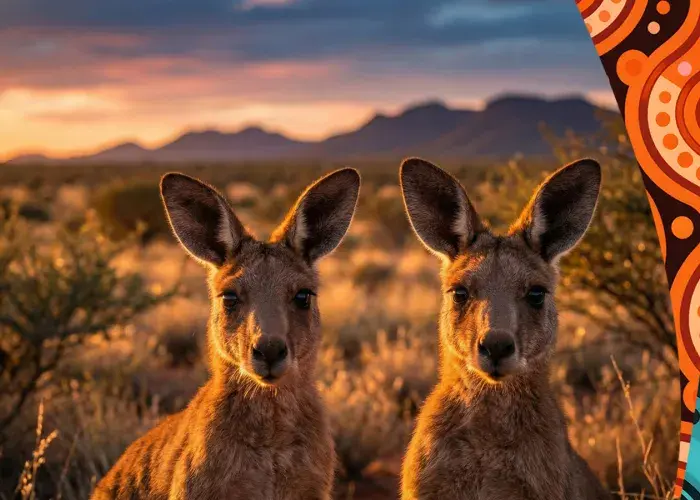 Deux kangourous avec un visuel tribal australien en arrière-plan, illustration de la Coupe du Monde de Rugby 2027 dans le cadre des packages VIP Sodexo Live! Hospitality.