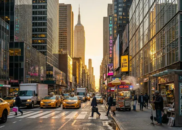 New York’s busy avenues and skyscrapers, highlighting the exclusive travel experience offered by Sodexo Live! Hospitality.