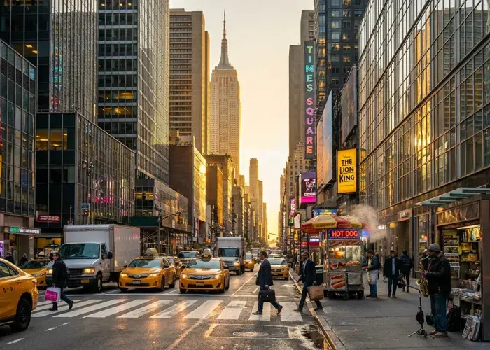 Panorama des grandes avenues new-yorkaises, témoignant de l’énergie unique de la ville dans le cadre des séjours Sodexo Live! Hospitality.