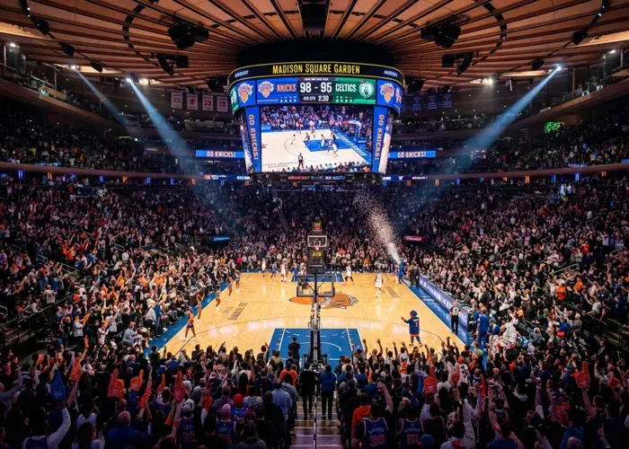 Inside view of Madison Square Garden during an NBA game, showcasing the premium New York travel experience offered by Sodexo Live! Hospitality.
