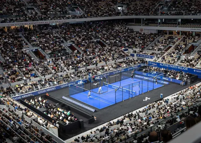 Padel court installed inside Court Philippe-Chatrier at Roland-Garros during the Alpine Paris Major with Sodexo Live! Hospitality