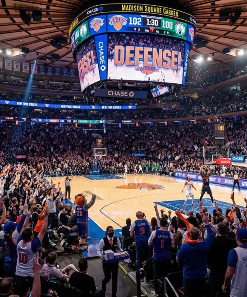 Ambiance d’un match NBA au cœur du Madison Square Garden, mettant en lumière les expériences immersives proposées par Sodexo Live! Hospitality.