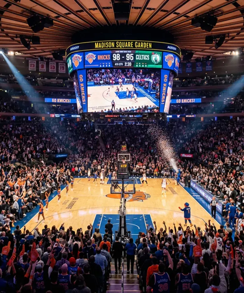 Vue intérieure du Madison Square Garden lors d’un match NBA, avec des supporters et l’ambiance unique mise en avant dans le cadre des voyages premium Sodexo Live! Hospitality à New York.